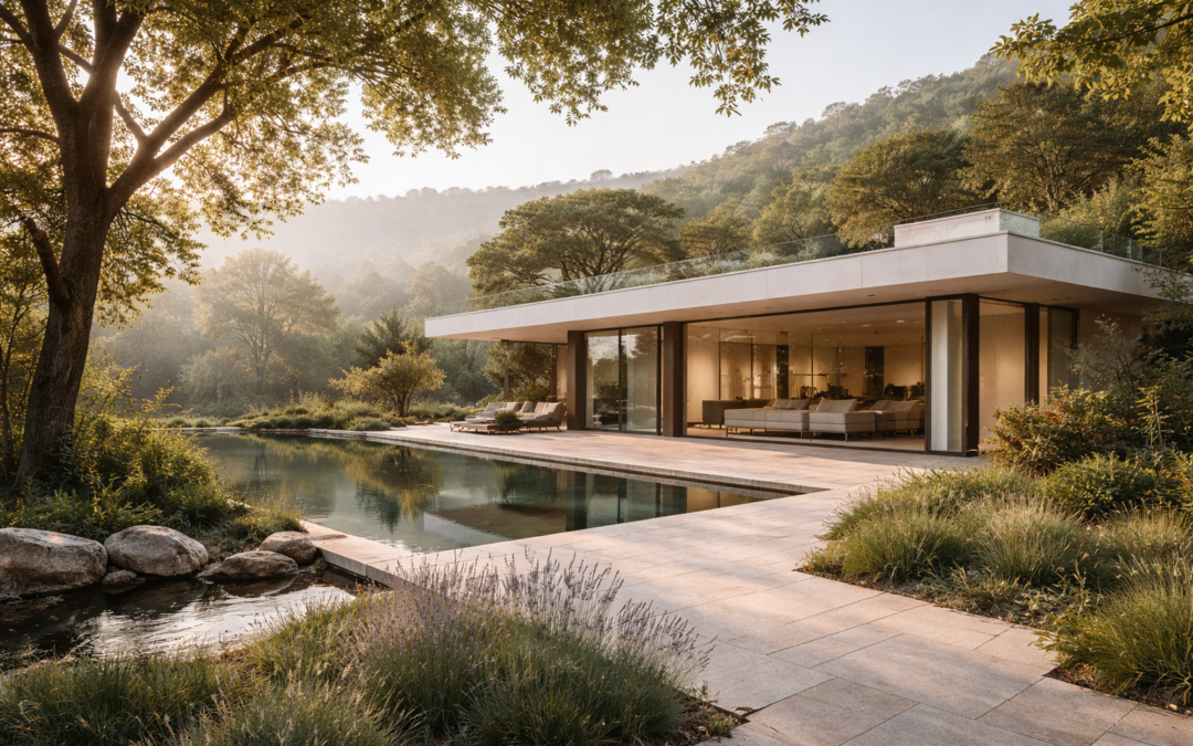 Maison contemporaine haut de gamme intégrée dans la nature avec lumière matinale douce illustrant l’harmonie d’un lieu de vie