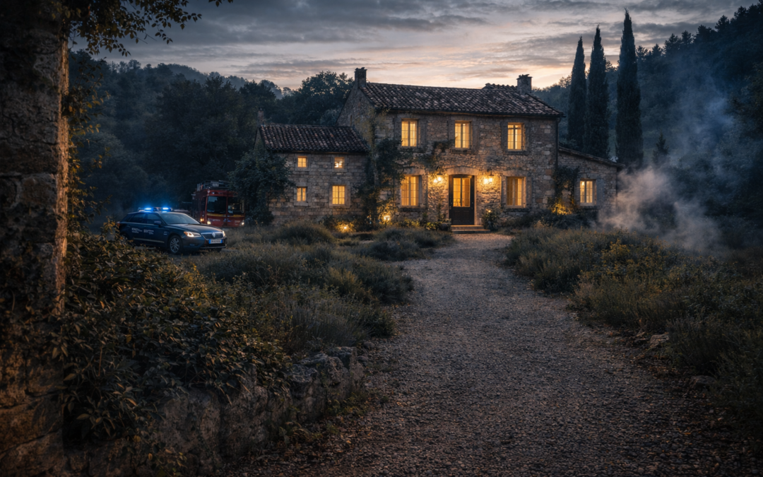 Maison en pierre haut de gamme au crépuscule avec présence discrète de secours illustrant un bien immobilier marqué par un événement