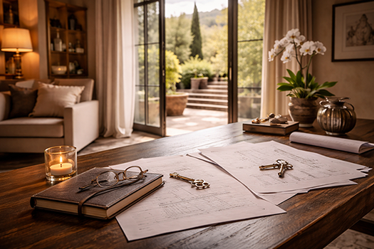 Bureau élégant baigné de lumière naturelle avec documents immobiliers, clés anciennes et ouverture sur un jardin paisible.