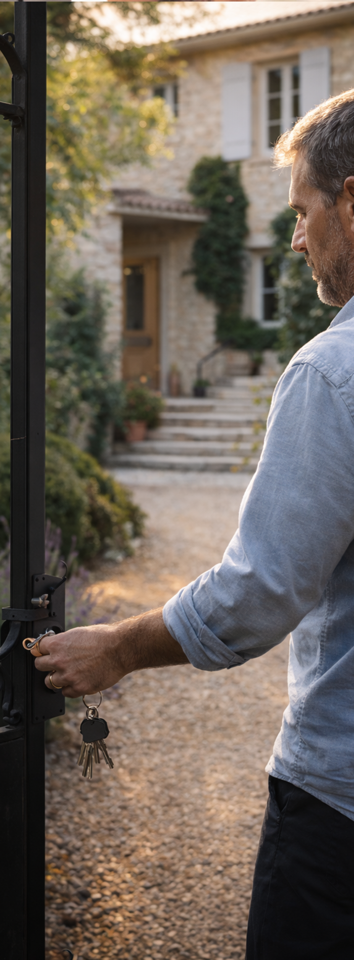Homme ouvrant le portail d’une propriété avec des clés, service de conciergerie et de gardiennage