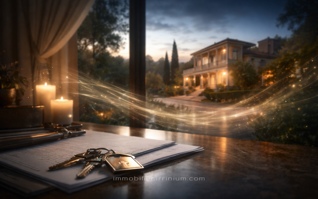 Signature d’un acte de vente devant une propriété haut de gamme au crépuscule, symbolisant la transmission immobilière et l’alignement stratégique et vibratoire.