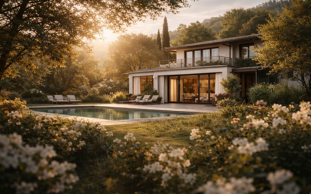 Villa contemporaine lumineuse au printemps avec jardin paysager et piscine, illustrant le potentiel d’un bien immobilier à la belle saison